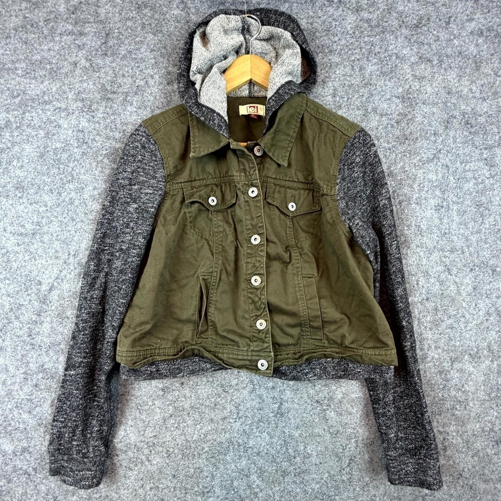 L.E.I. Hybrid Hoodie Jacket Womens XL Green Gray Y2K Denim Sweatshirt Outdoor